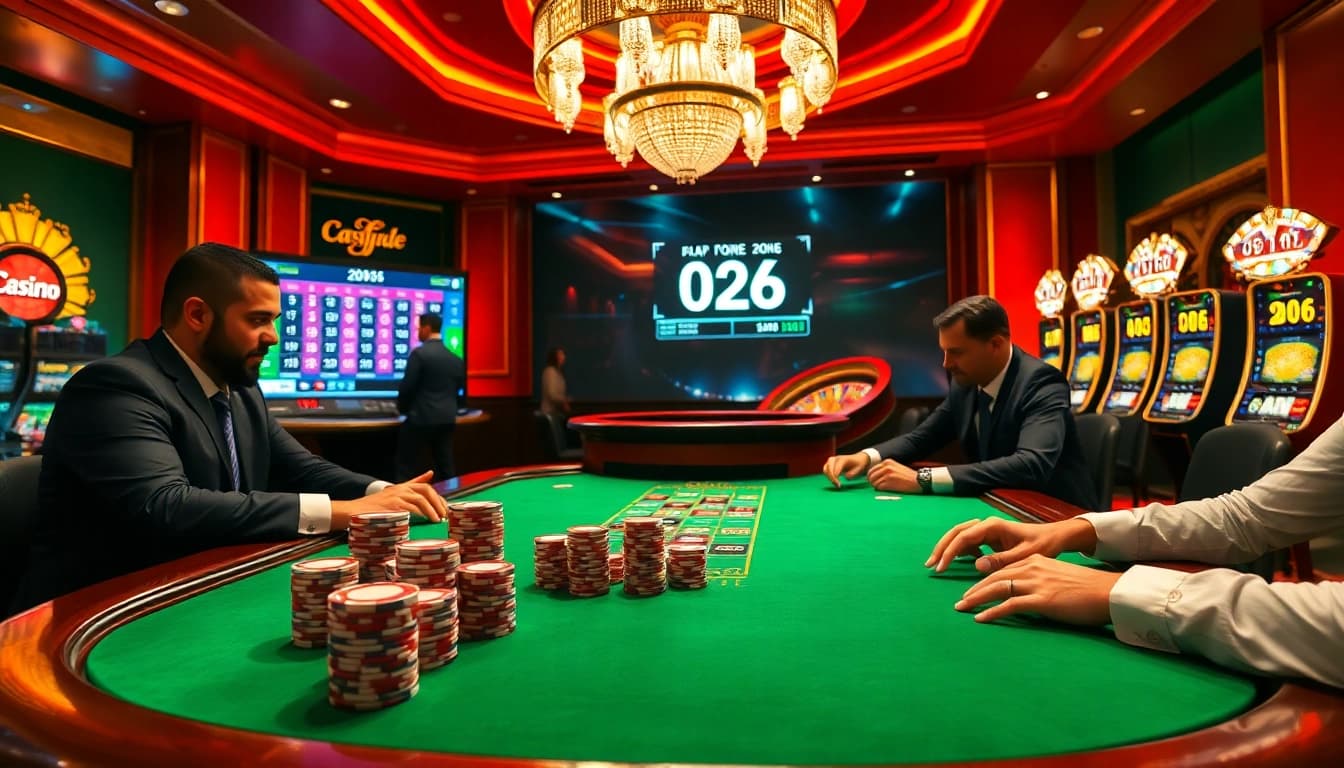 Scène de poker à enjeux élevés mettant en avant l'excitation du casino en ligne 2026 avec des jetons vibrants et une roulette.