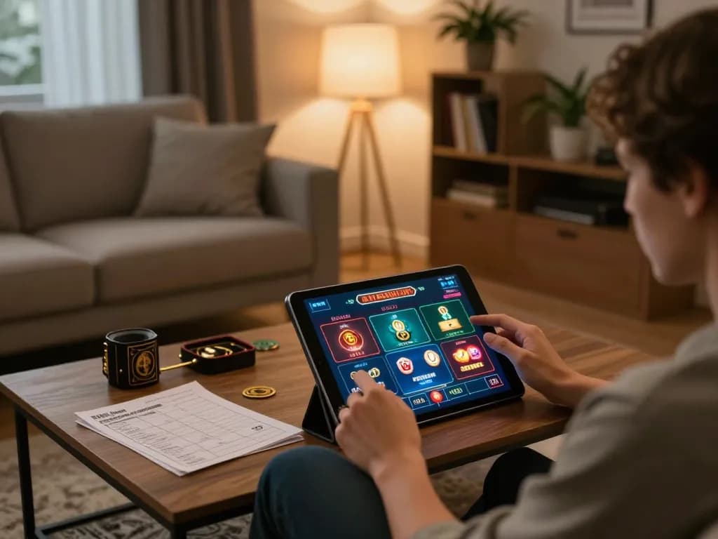 Engaging in casino non aams legali games at home using a tablet amidst strategic notes.