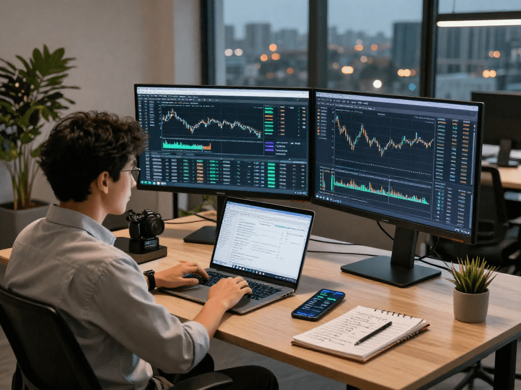 Financial analyst using TradingView in a modern office setting with real-time market data displayed on multiple screens.