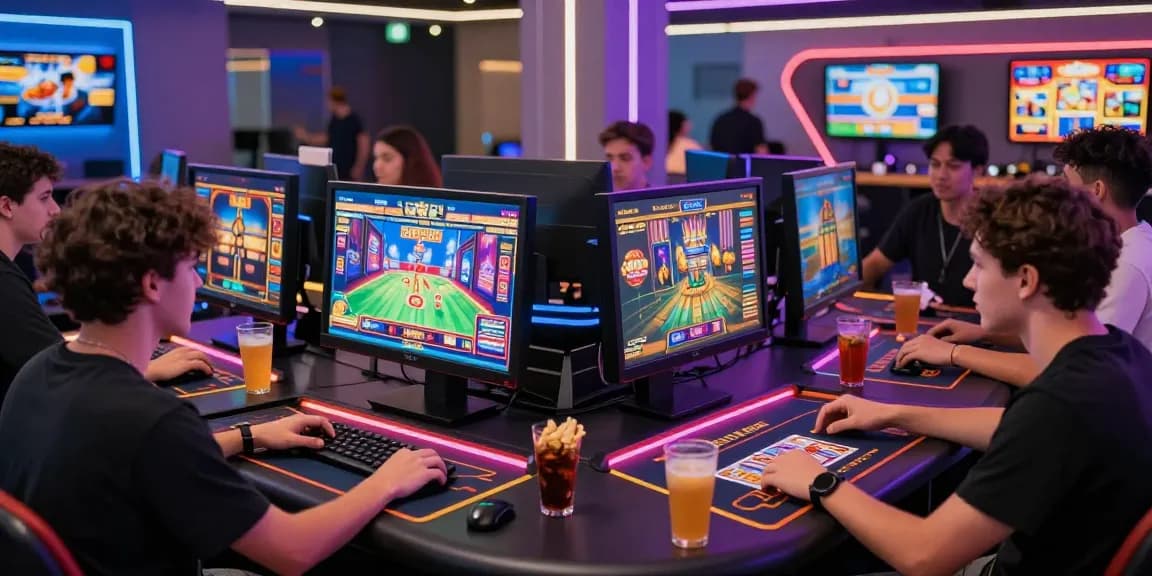Un environnement de jeu passionnant présentant les meilleurs casinos en ligne avec des joueurs engagés dans des jeux numériques et une atmosphère dynamique.