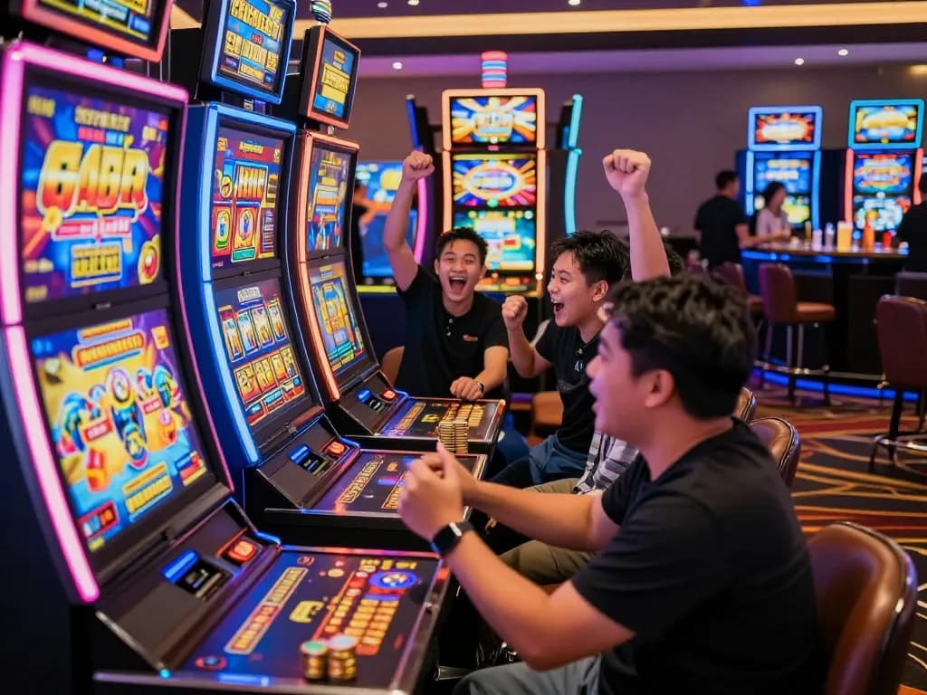 Exciting casino scene highlighting players enjoying slot gacor hari ini wins with vibrant slot machines.