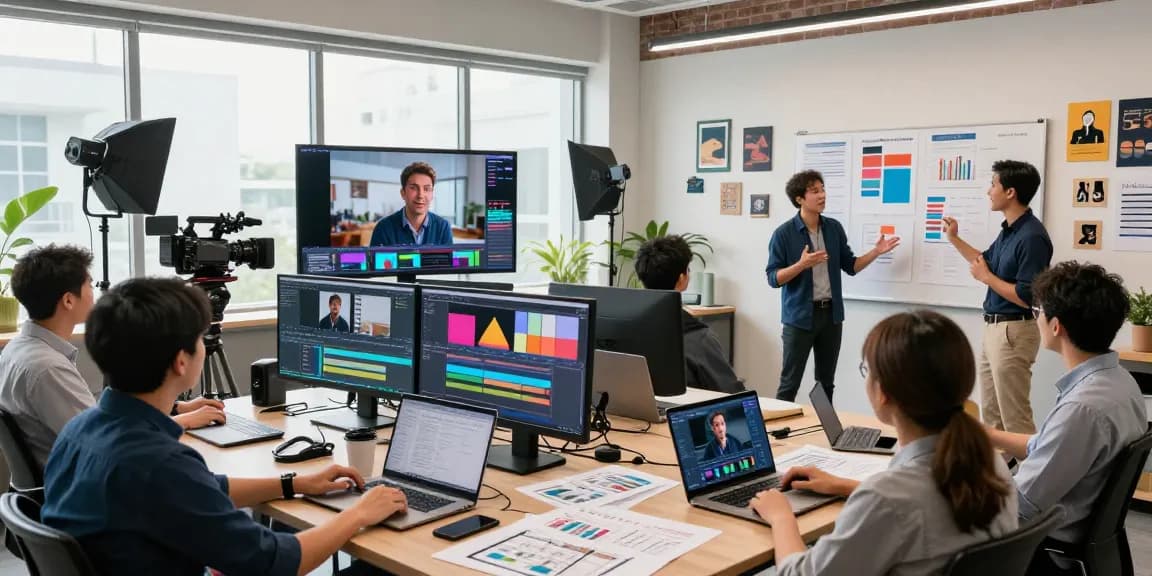 Team brainstorming for Singapore Corporate Video Production in a vibrant studio.