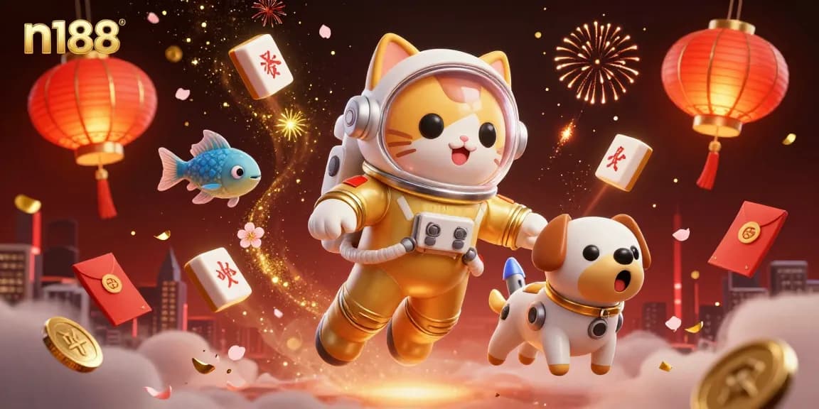 Immerse in the vibrant world of n188, where a golden space astronaut cat and his rocket dog companion explore a nebula of luck and excitement.