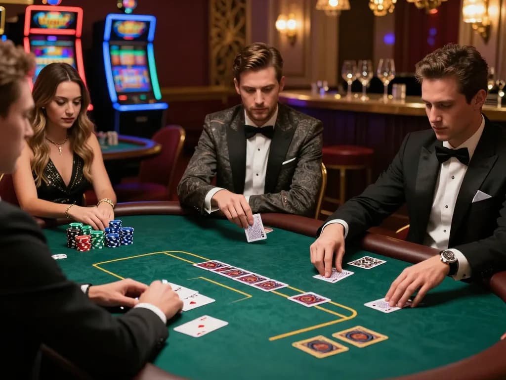 Players engaging in a high-stakes poker game at an elegant casino table, showcasing 58win1's thrilling atmosphere.