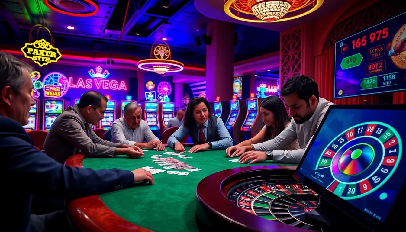 vin777 casino players engaging at a luxurious poker table with vibrant slot machines in the background