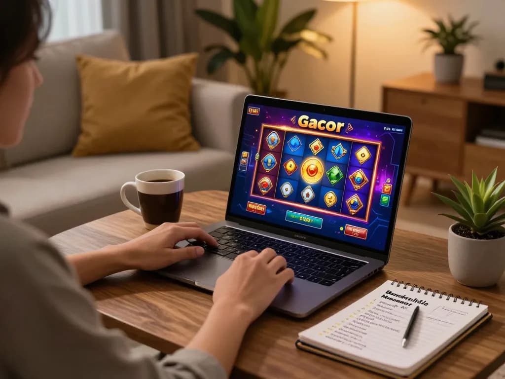 Pemain terlibat dalam permainan slot gacor di laptop, pengaturan rumah yang nyaman mendukung perjudian yang bertanggung jawab.