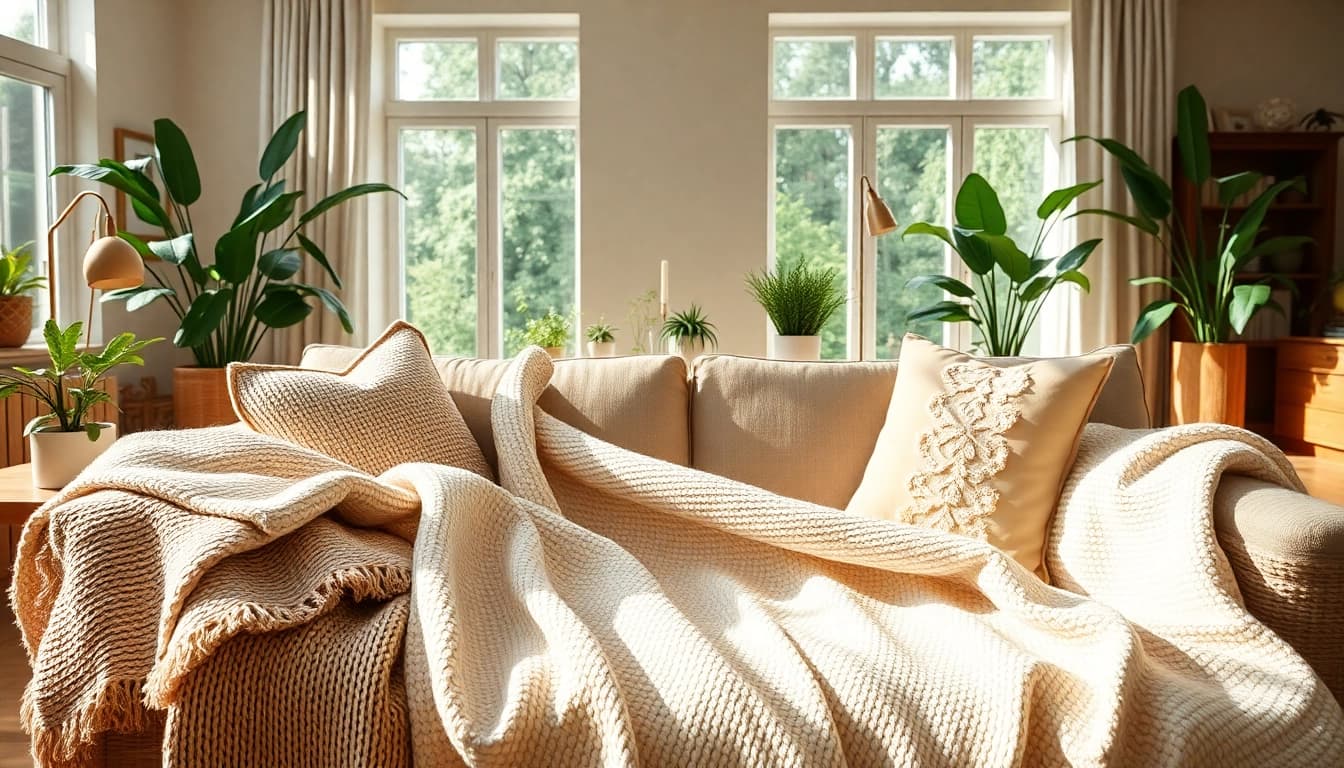Katoen stof in een stijlvolle woonkamer, waarbij de textuur en sfeer worden benadrukt.