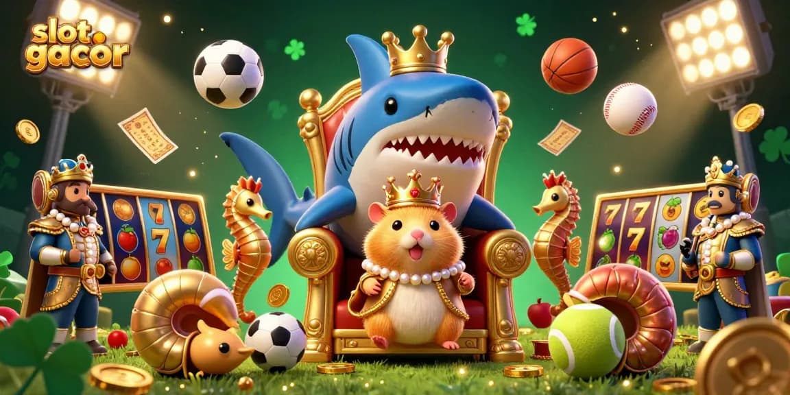 Experience the vibrant slot gacor scene featuring a golden hamster king and seahorse guards amidst dynamic sports elements.