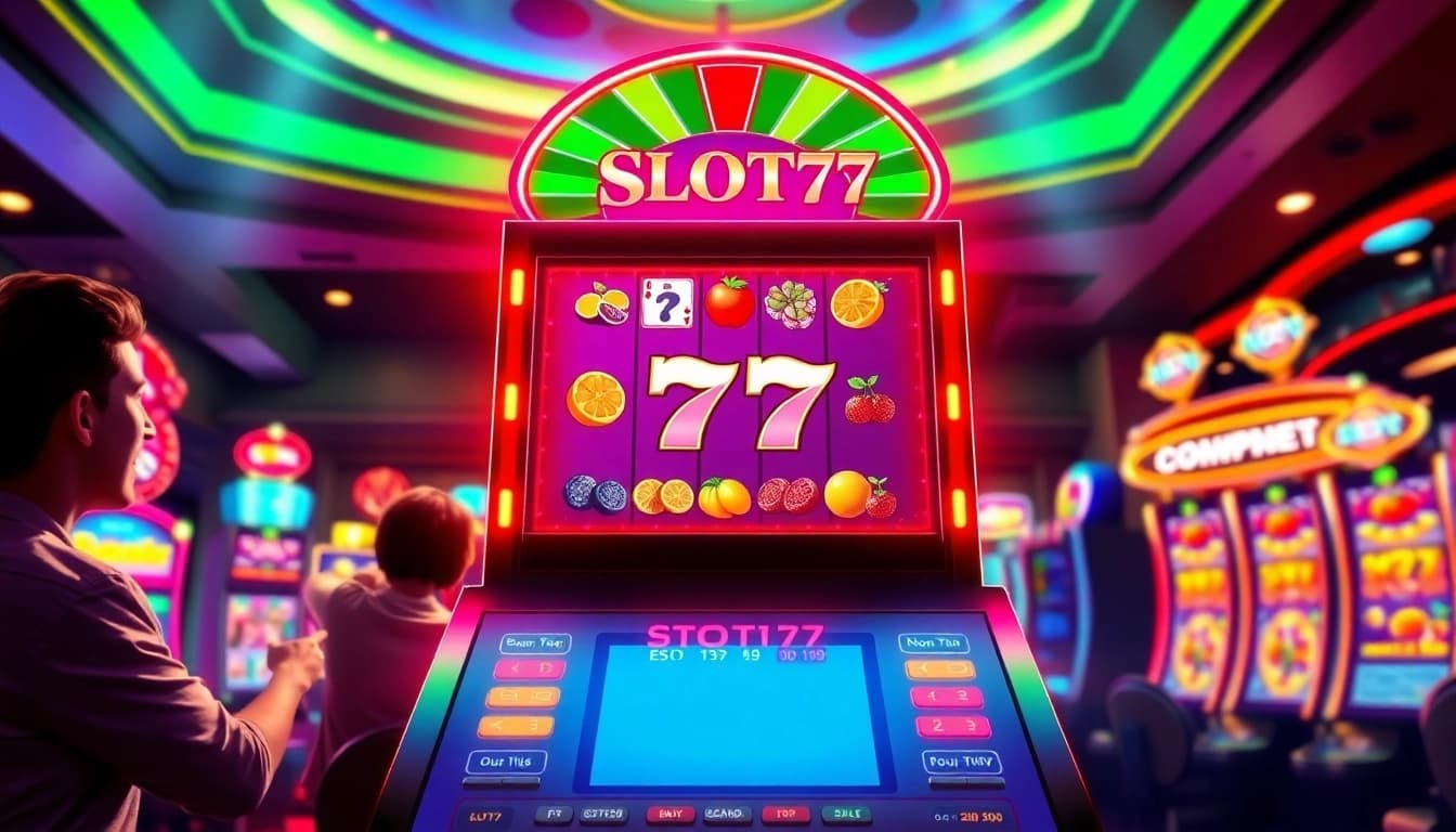Main features of Slot77 game machine illuminated in a vibrant casino atmosphere.