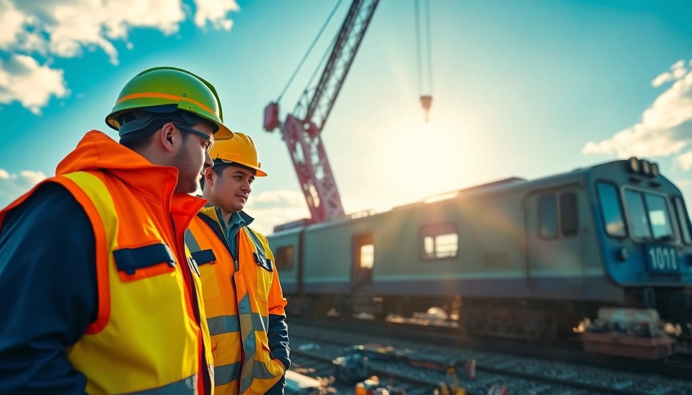 Experts performing derailment repairs with heavy machinery and safety equipment at a train incident site.