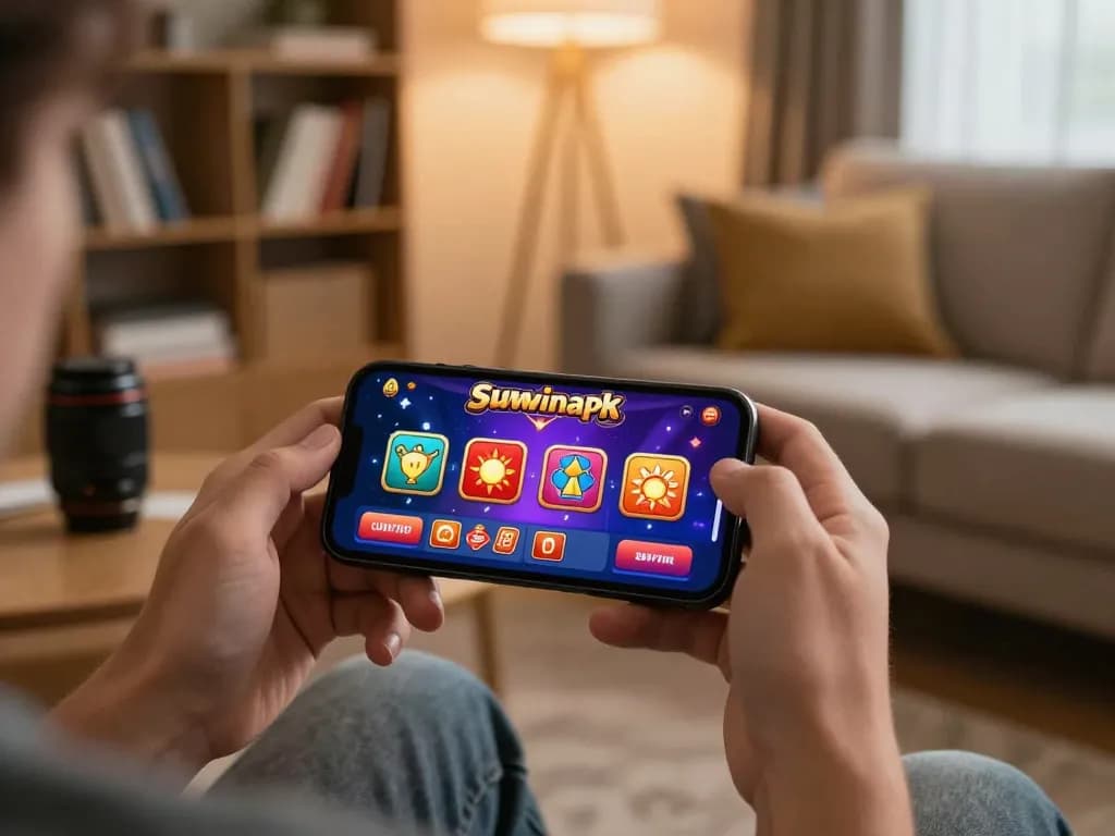 Engaging mobile gaming experience with sunwinapk app shown on smartphone screen in a cozy living room setting