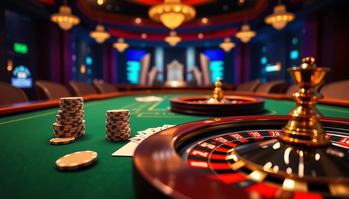 Vivez un gameplay palpitant avec casino en ligne 2026, mettant en vedette des jetons de poker et une roue de roulette.