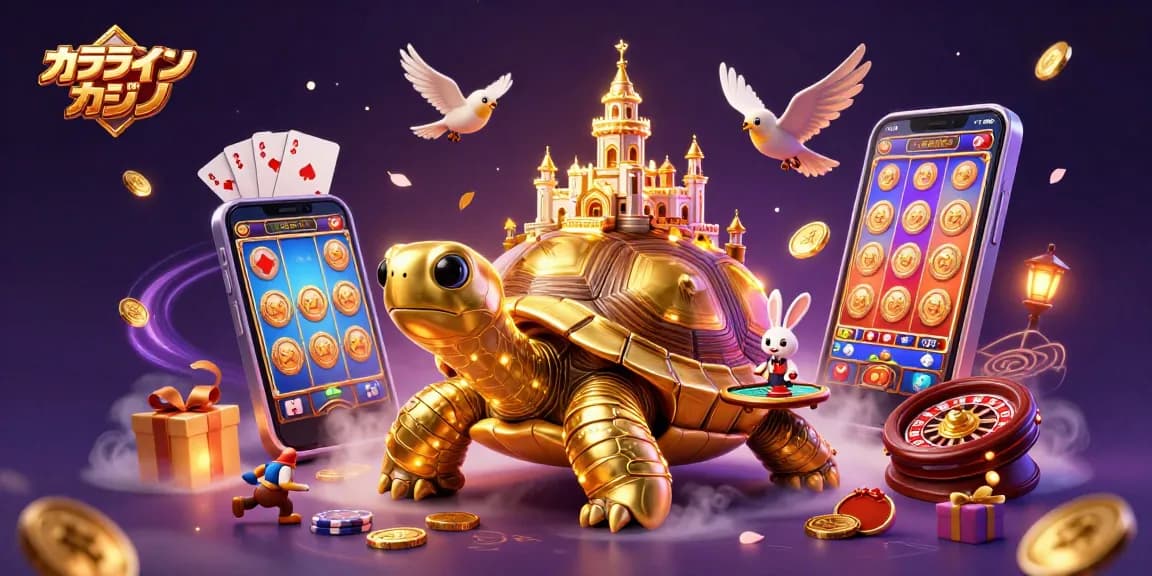 オンラインカジノでスロットゲームを楽しむ様子を描いたイラスト。