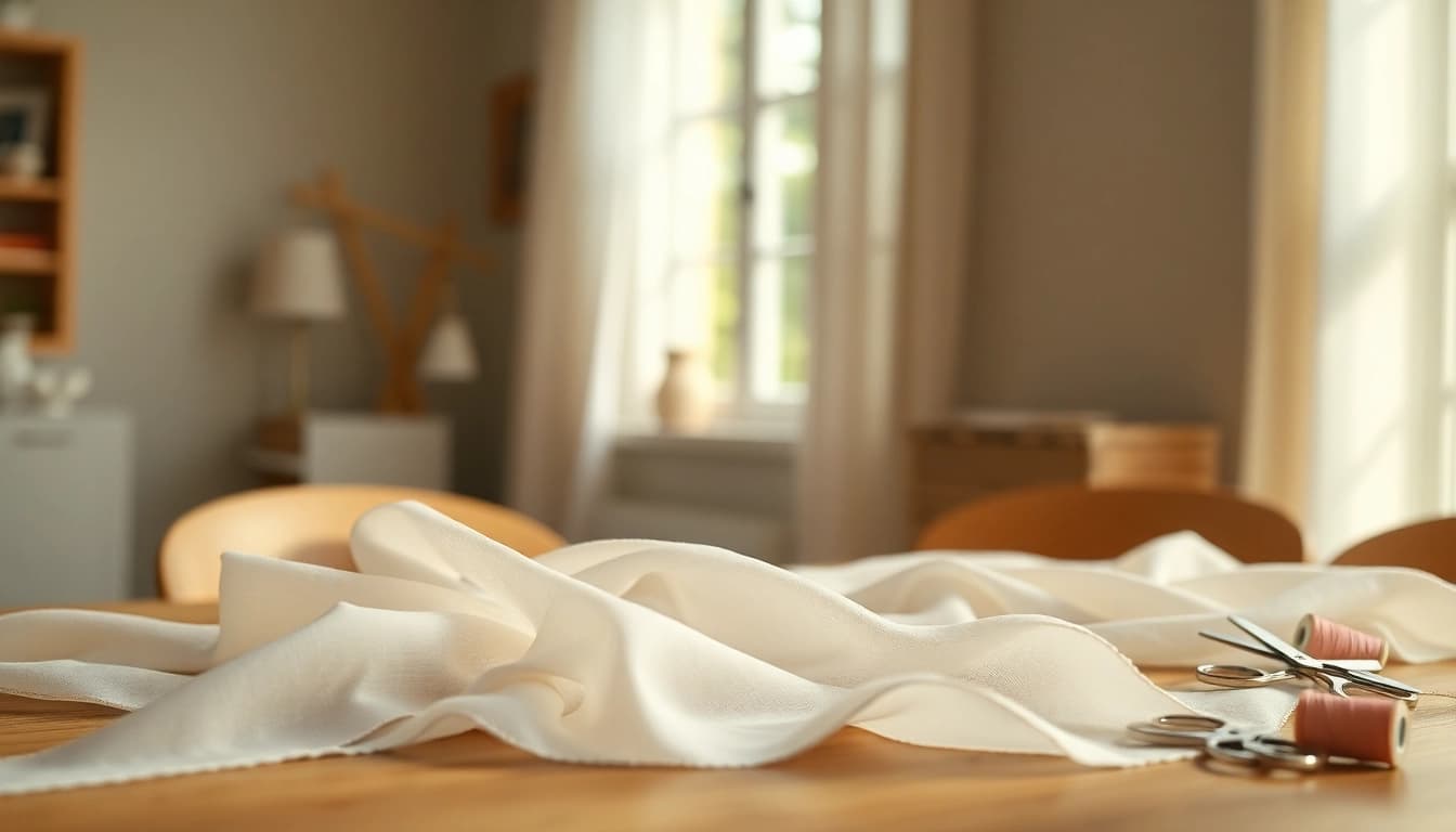 Mousseline stof met delicate textuur en zachte tinten, geschikt voor handwerkprojecten.