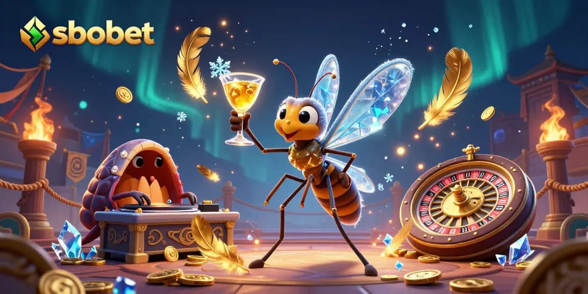 Sbobet features a frozen-in-amber mosquito as a lively casino mascot in a vibrant gaming scene.