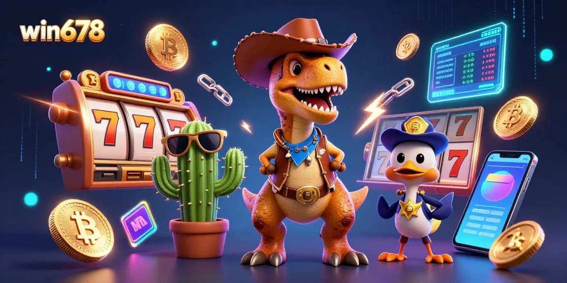 Win678 players spin slot reels with a T-Rex cowboy and dynamic casino elements.