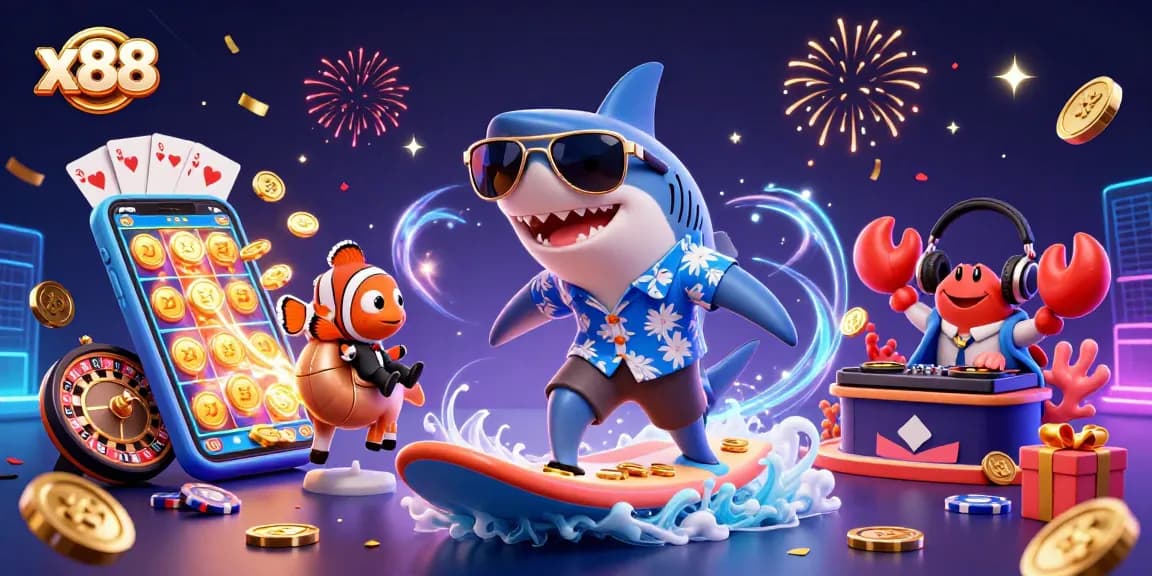 x88 offers a vibrant casino experience with a playful shark surfing on gold coins amidst exciting gaming elements.