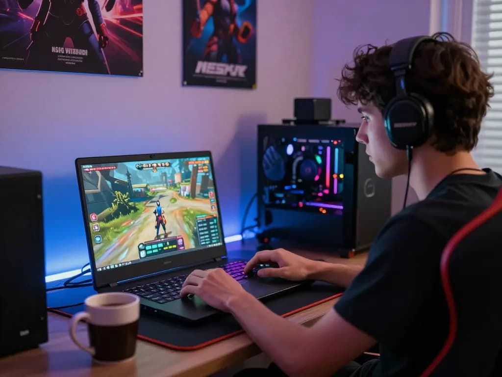 Engaging in an NSFW game on a laptop, showcasing focused gameplay atmosphere in a cozy setting
