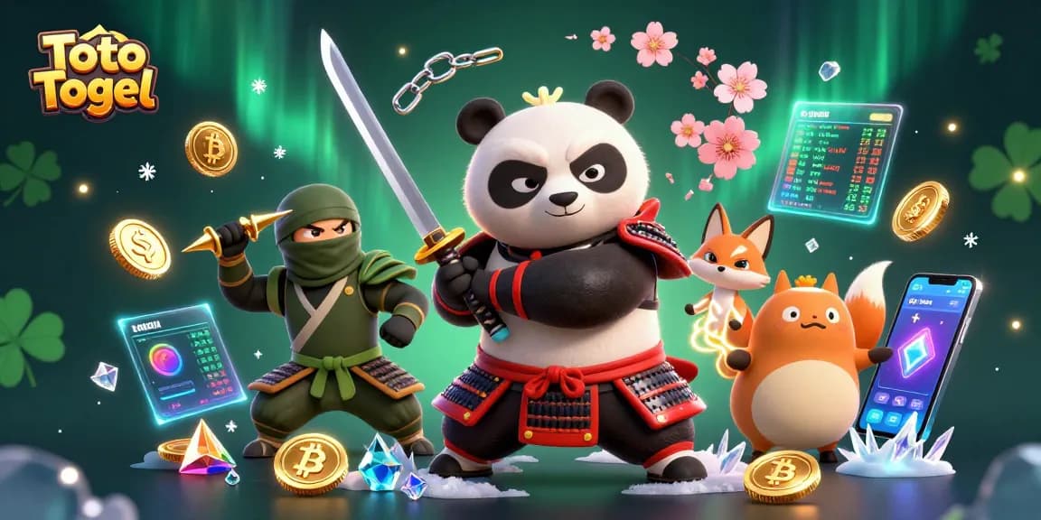 Play Toto Togel with vibrant 3D characters, enhanced by glowing neon crypto elements and dynamic artistic effects.