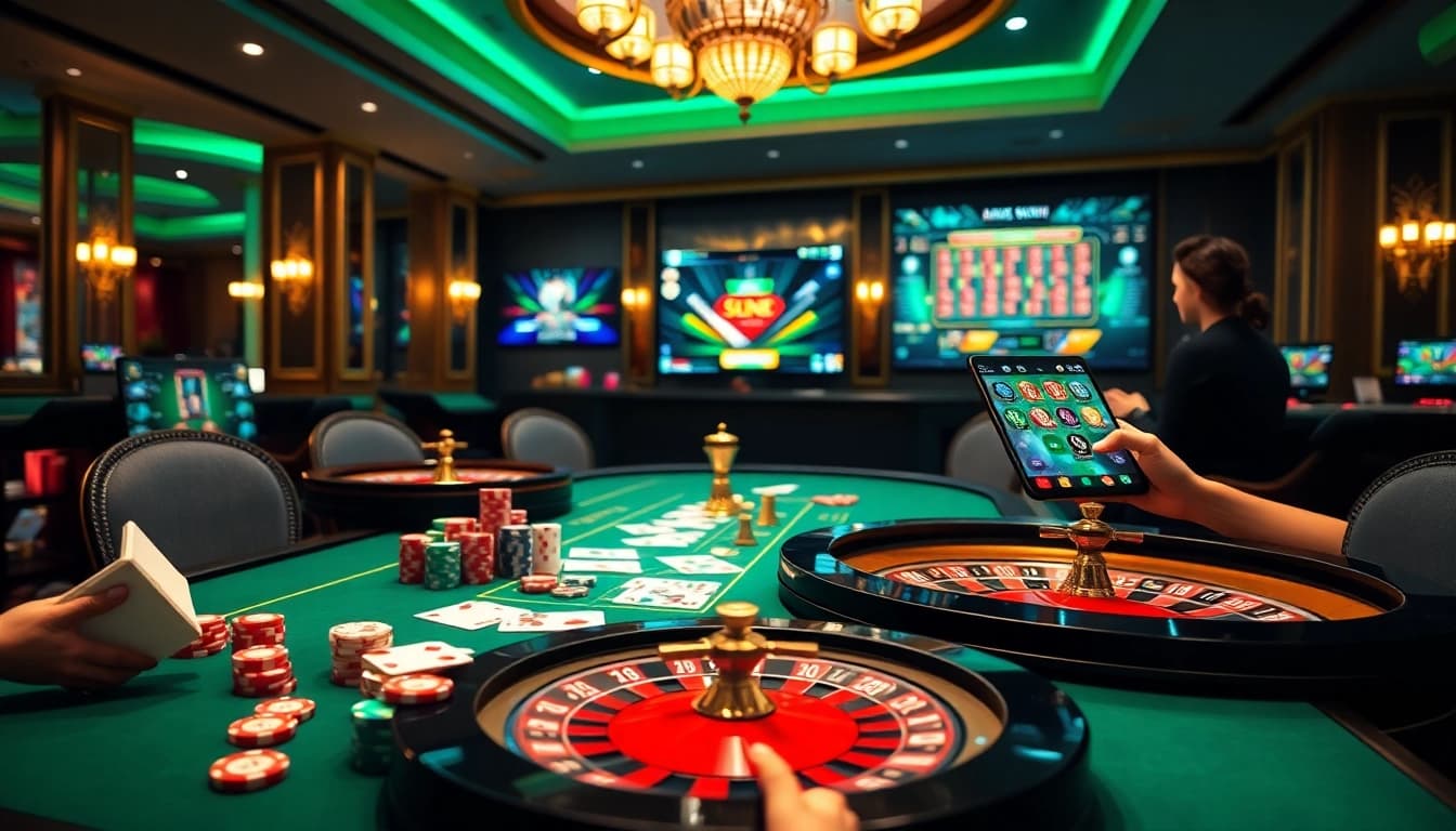 Des joueurs captivés dans un casino en ligne luxueux 2026 avec des jetons colorés et des interfaces de jeu modernes.