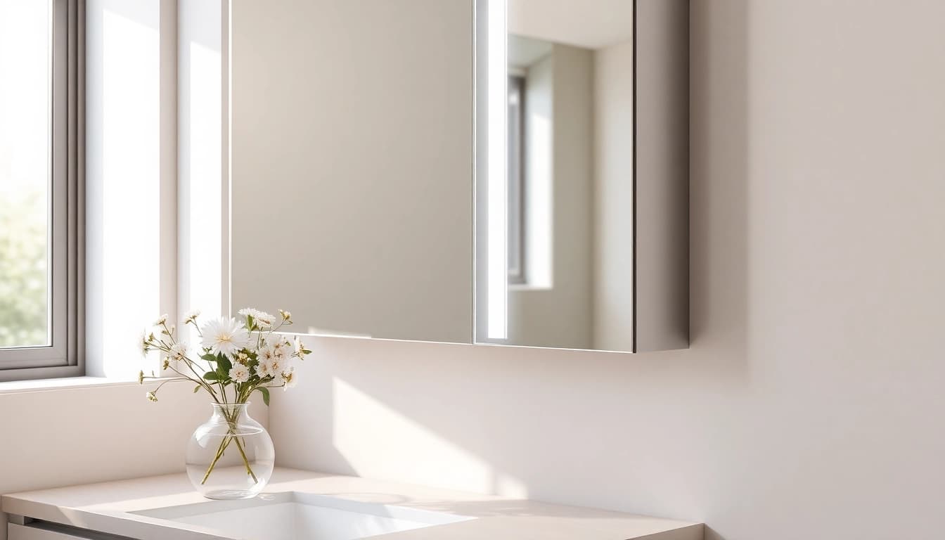 Beleuchteter sonni Spiegelschrank im modernen Badezimmer mit natürlichem Licht und elegantem Design.