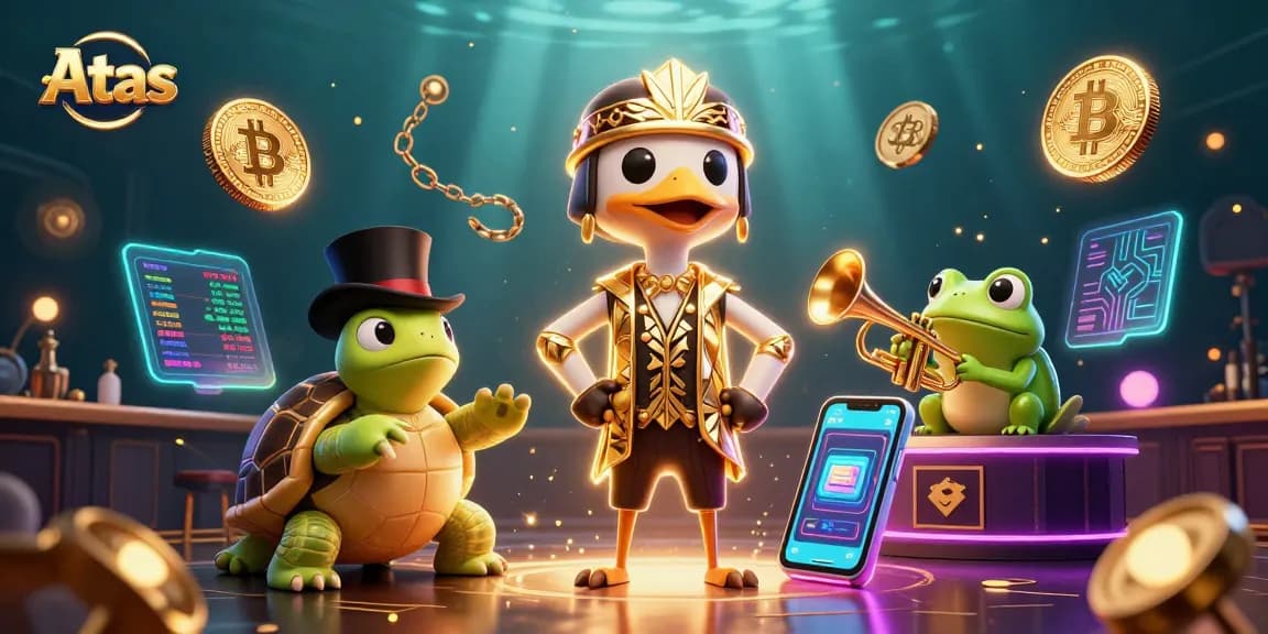 Experience Atas casino gaming with vibrant characters and crypto elements in a dynamic 3D scene.
