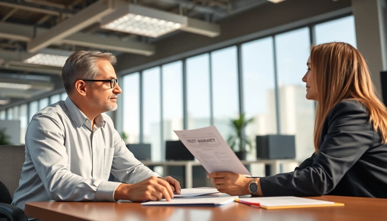 Client consulting with an expert led warranty company in a modern office setting