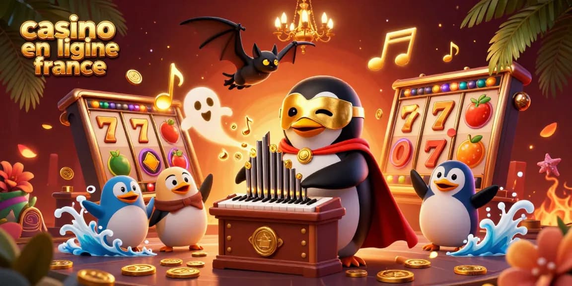 Plongez dans l'univers du casino en ligne France avec cette illustration dynamique mettant en vedette le pingouin fantôme jouant à un orgue magique, entouré de symboles de machines à sous.