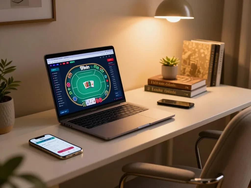 Player enjoying a poker game on 99win with laptop and mobile device setup.
