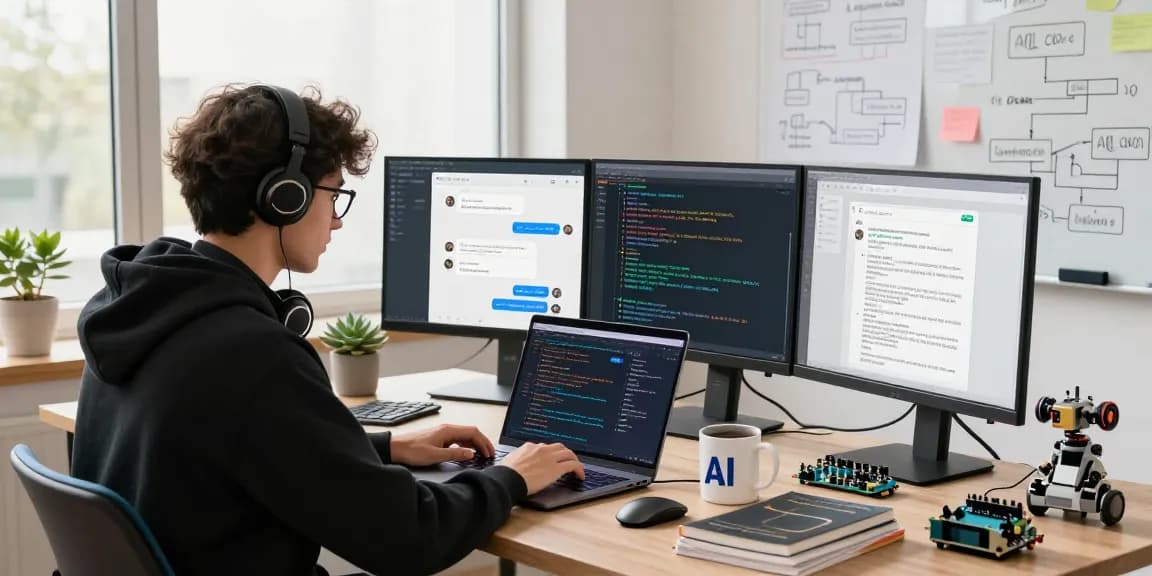 KoboldAI developer coding in vibrant workspace with dual monitors showcasing chatbot interactions.