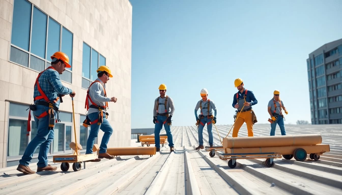 Highlighting commercial roofing services by a professional team working on a building installation.