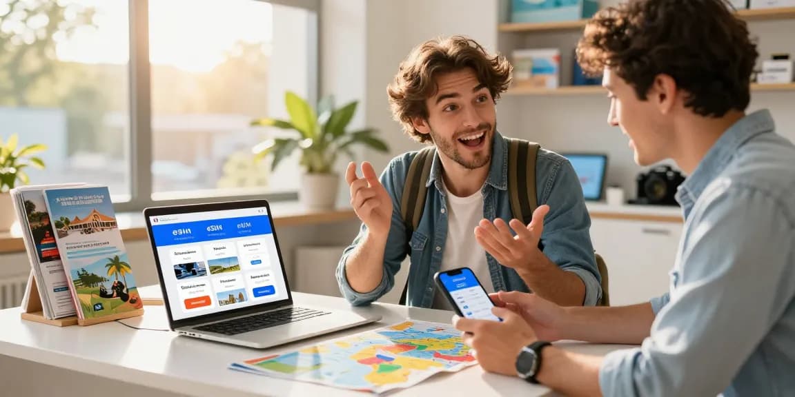 Comparing esim coupons at a travel agency for budget-friendly plans.