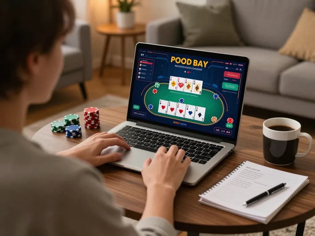 Engaging in online gaming at TIGERASIA88, showcasing poker strategy and comfortable home setting.