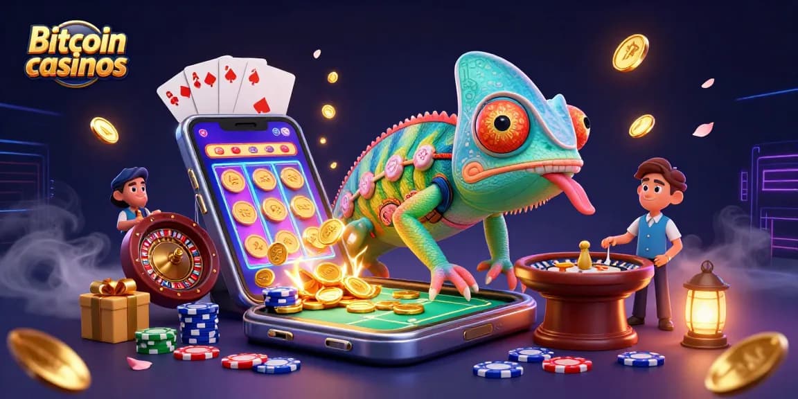 Jouer dans des casinos Bitcoin avec un caméléon coloré attirant des pièces dorées.