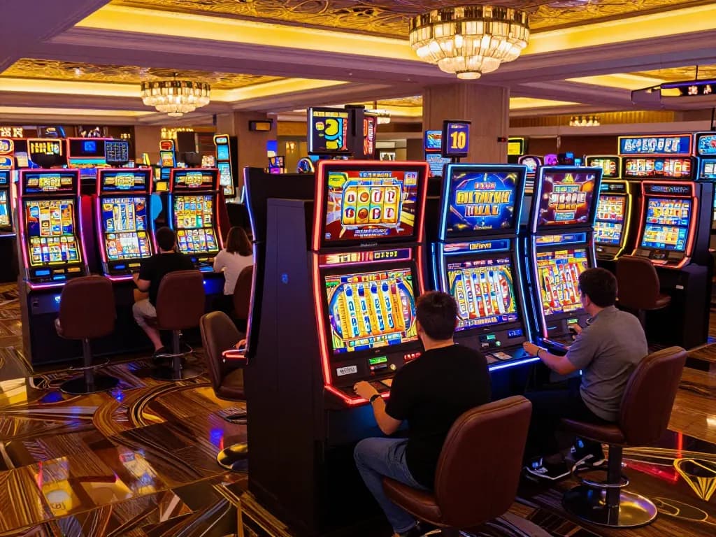 Pemain memutar mesin slot link yang berwarna-warni di lingkungan kasino yang ramai, menunjukkan kegembiraan bermain game.
