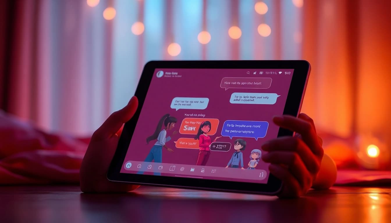 Engaging digital interaction of sex chat ai with animated characters in a cozy, intimate setting.