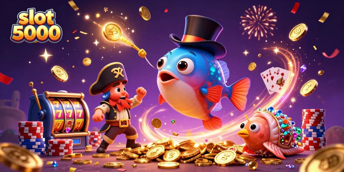 Engage with slot 5000's dynamic casino experience, featuring cartoon characters amidst sparking gems and golden coins.