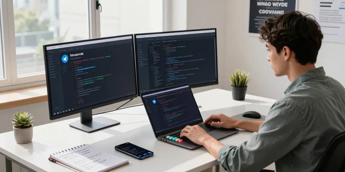 Developer coding in modern workspace for 纸飞机中文版 app, showcasing a productive environment.