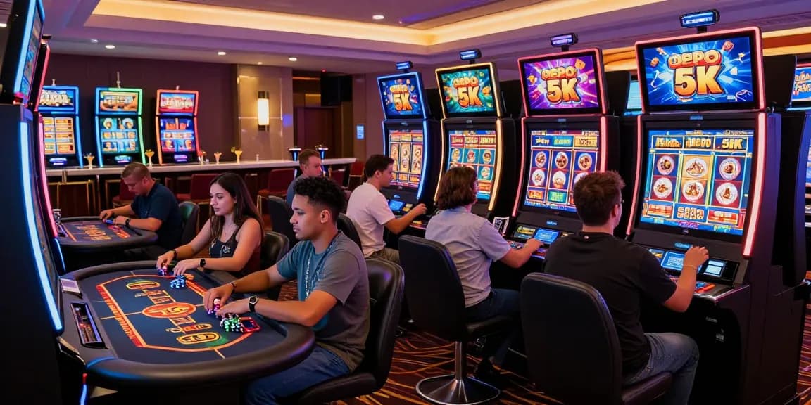 Players enjoying a vibrant casino environment with slot depo 5k options highlighted, lively atmosphere.