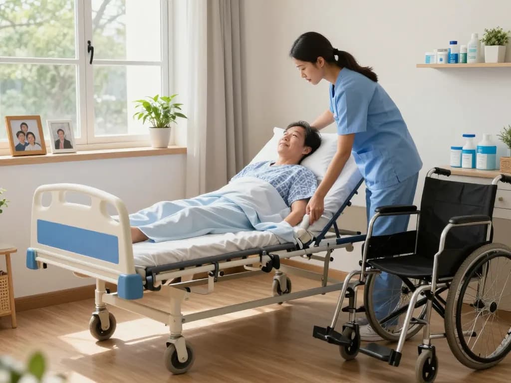 Professional caregiver adjusting giường bệnh nhân in a warm home care setting with medical supplies and supportive atmosphere.