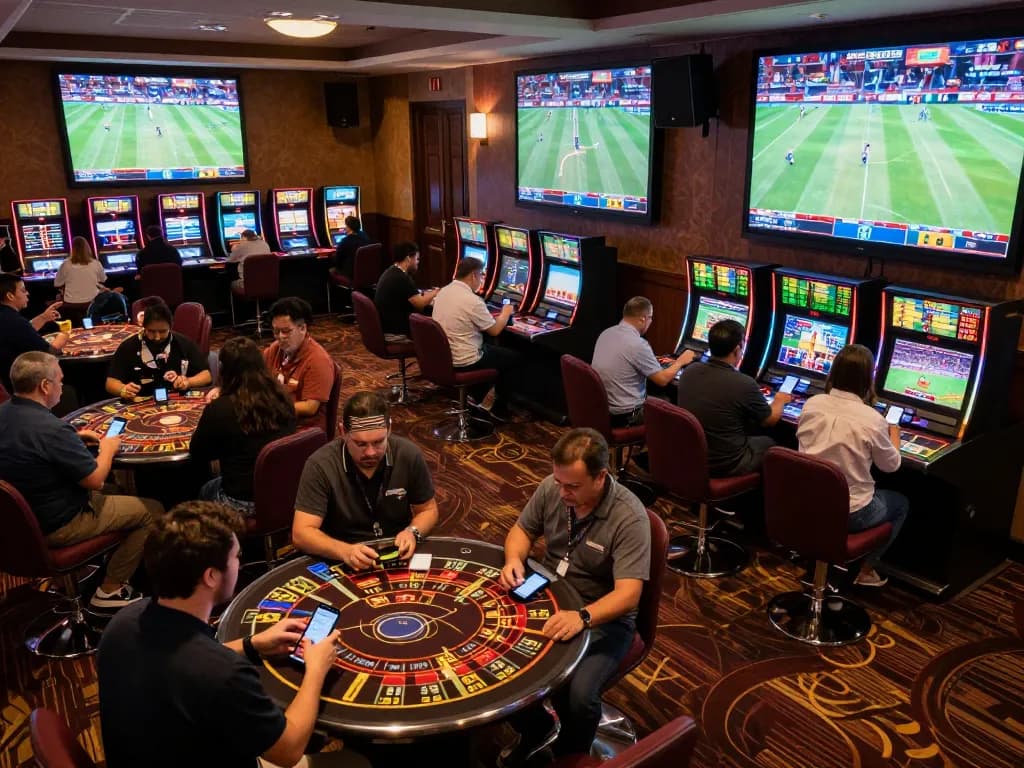 Excited bettors using mobile apps and kiosks at siti scommesse esteri in a vibrant casino.