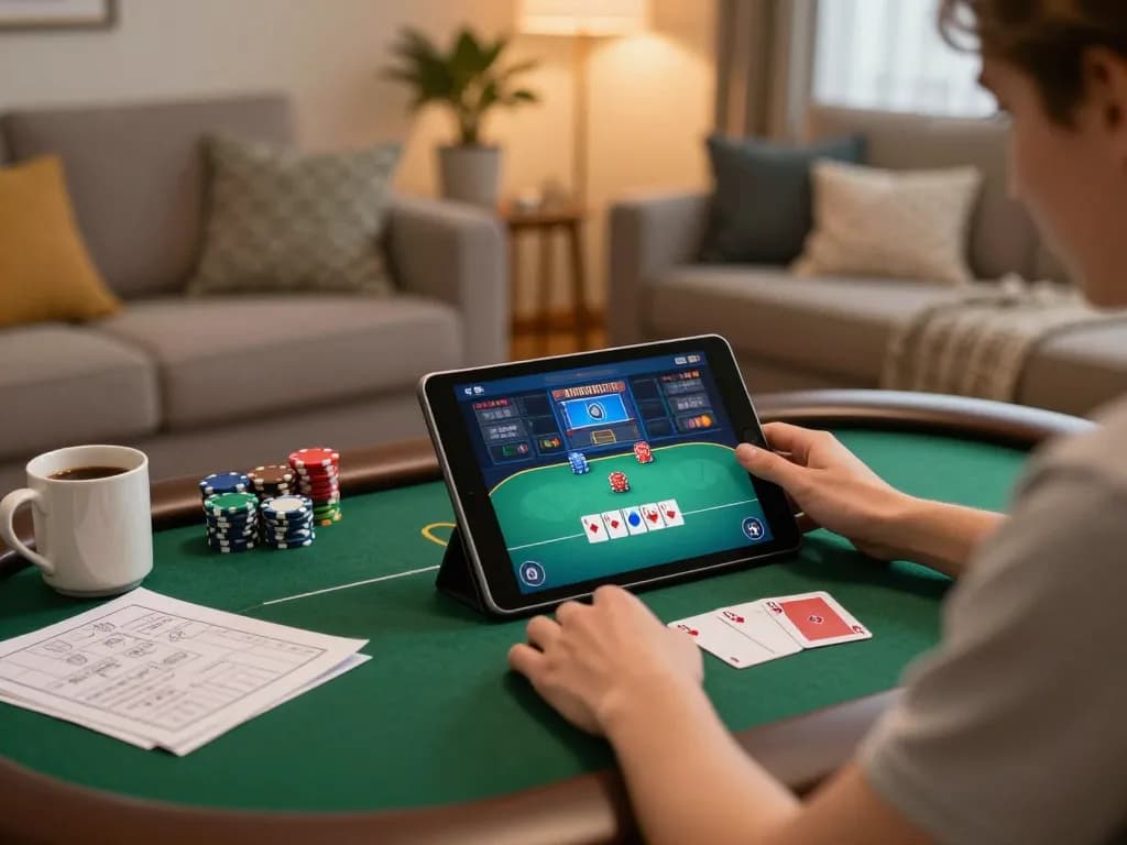Engaging in a mobile poker game on sunwinapk from the comfort of home during an evening session.