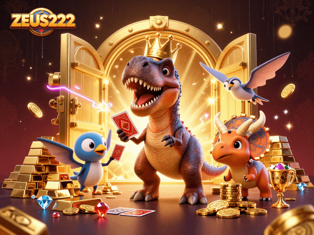 ZEUS222 engages players with fun cards and golden chips, featuring friendly characters in a vibrant casino realm.