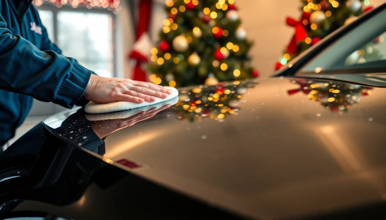 Enhance your vehicle with a Christmas car detailing gift featuring a professional detailer at work.