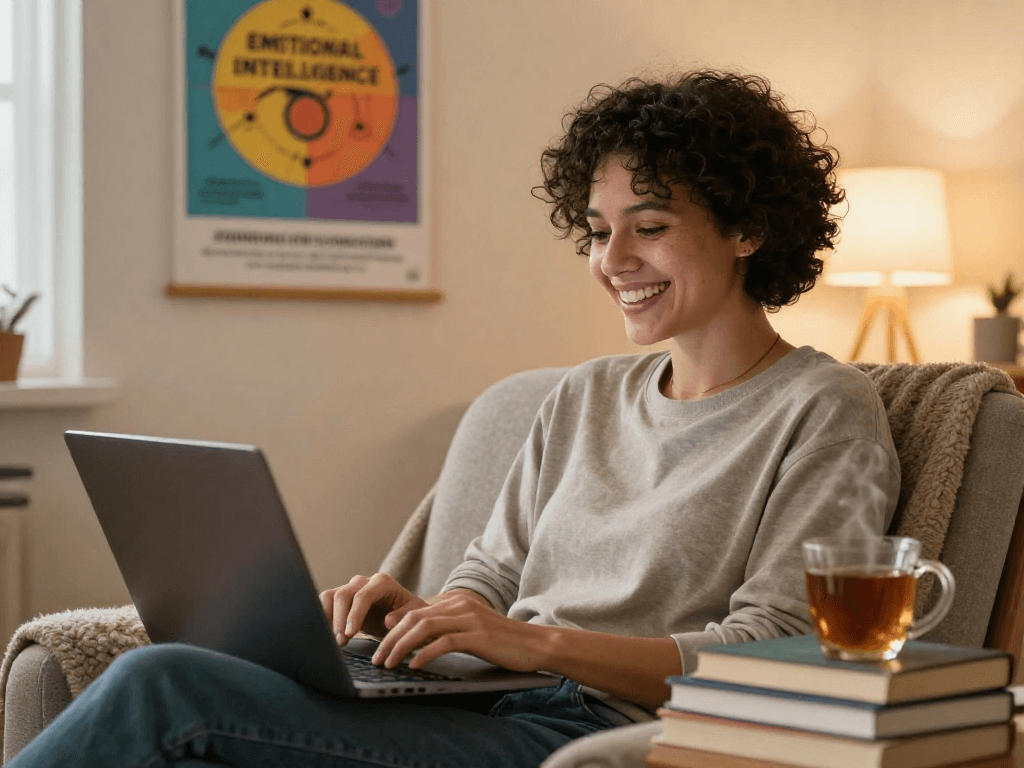 Person engaging in a sex ai chat on a laptop in a cozy room with warm lighting and personal items.