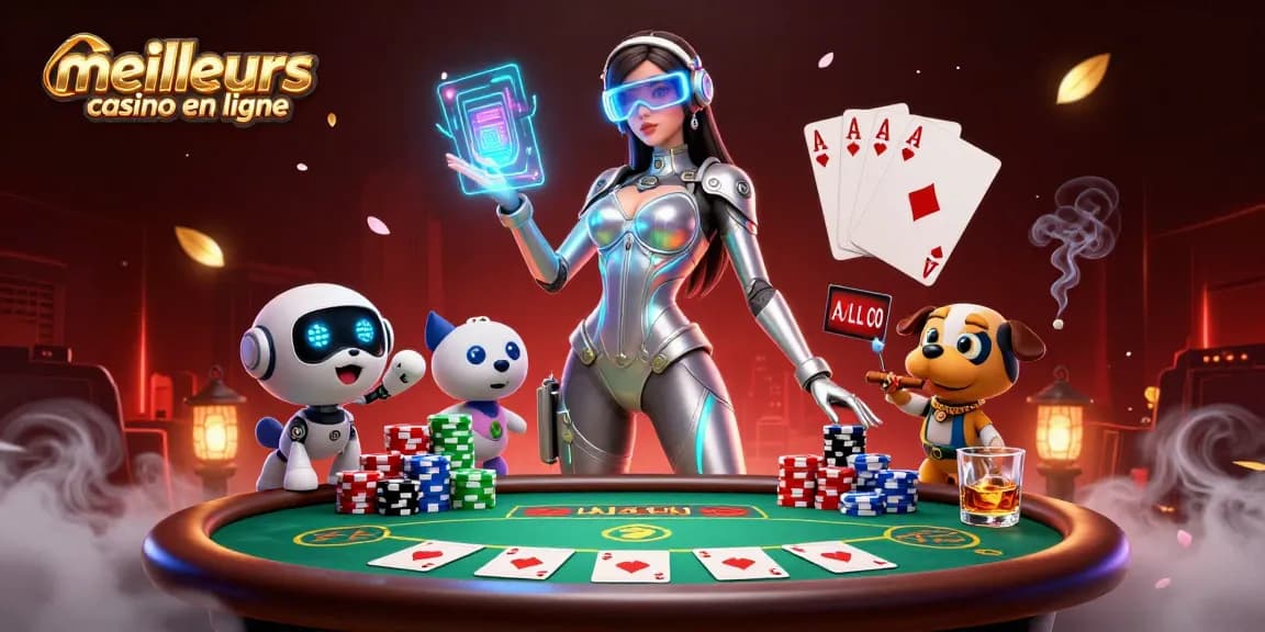 Engagez-vous dans la scène passionnante des meilleurs casino en ligne avec une femme futuriste et un chien robot.