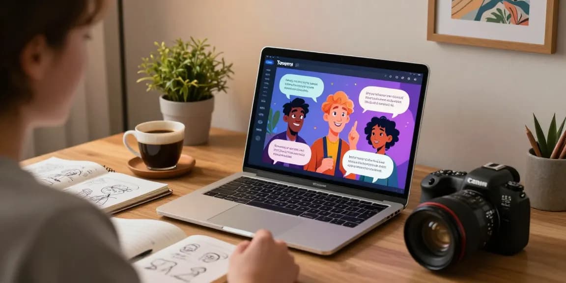 Engaging user interacting with Tavern AI, showcasing vibrant AI characters and storytelling elements in a cozy workspace.