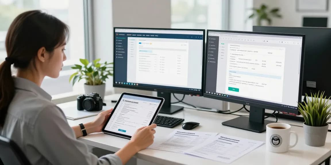 Detect fraud receipt in a modern office setting with an analyst examining documents.