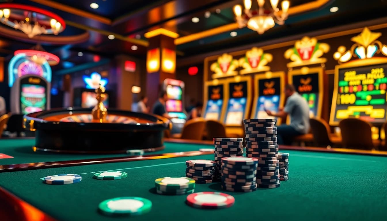 Des joueurs engagés autour d'une luxueuse table de jeu dans une ambiance de casino en ligne 2026.