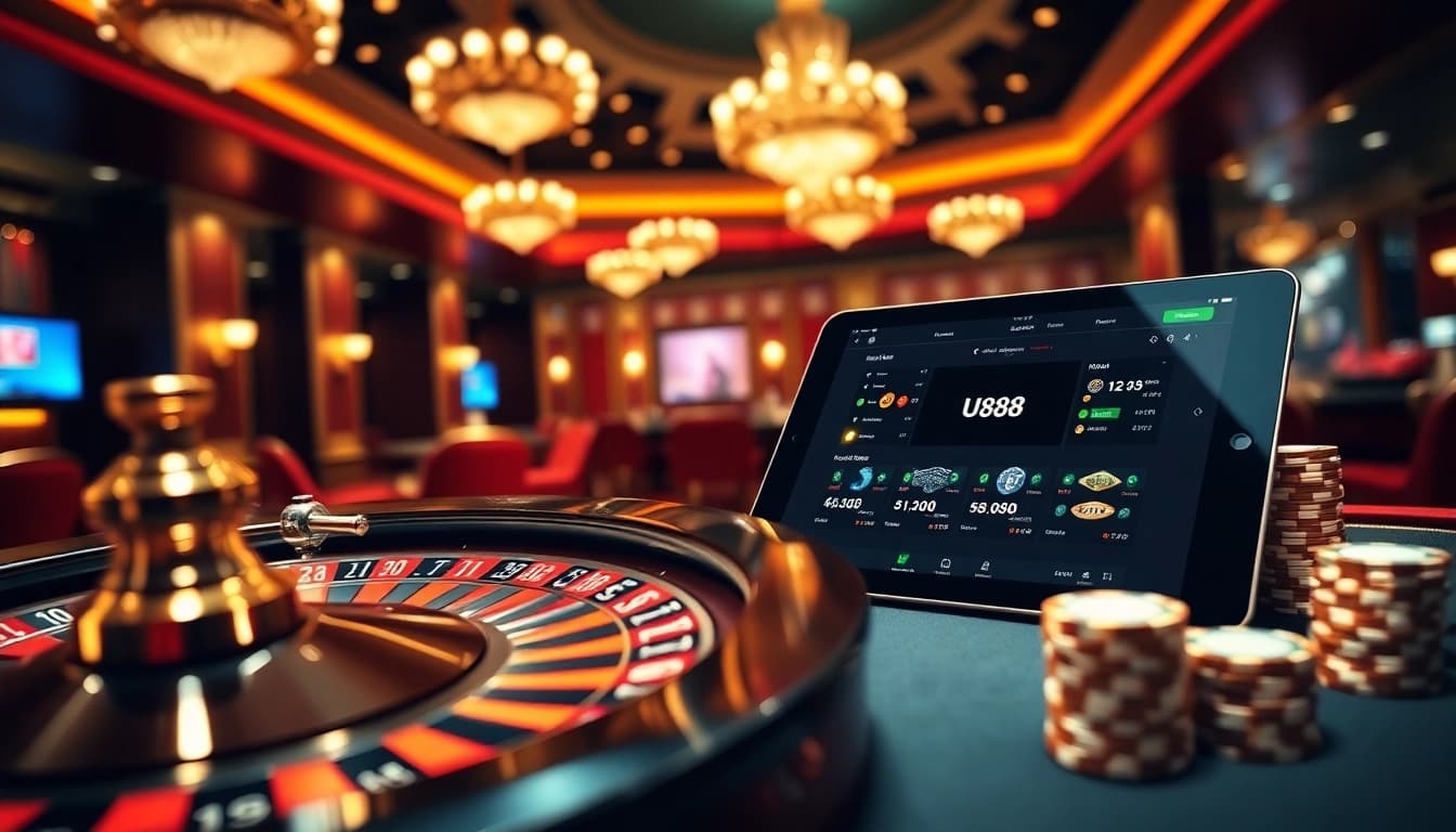 Engaging gambling scene featuring Link U888 interface with poker chips and roulette wheel.